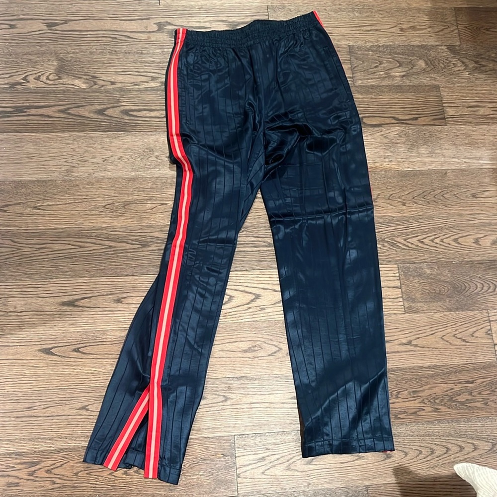 Rag & bone silk pinstripe track pants with red stripe down side